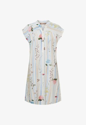 Kortærmet knælængde kjole med lodrette beige og blå striber og blomsterprint i pink, blå og hvid, med knaplukket V-udskæring.