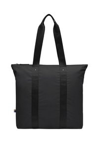 Svart tote bag med en glatt, matt finish, utstyrt med to brede tekstilhåndtak og glidelås på toppen. Lite logo-detall på siden.