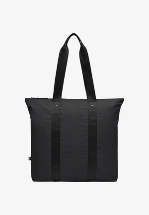 Geantă tote neagră cu un finisaj mat, neted, având două mânere late din material textil și un închidere cu fermoar în partea de sus. Detaliu mic al logo-ului pe lateral.