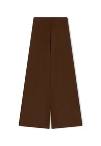 Pantaloni larghi marroni caratterizzati da una texture liscia e un design pulito con una vita alta e dettagli a pieghe frontali.