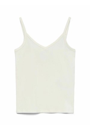 V-neck camisole in light cream fabric with thin straps, smooth texture, and a fitted design. Simplistic style without additional accents.