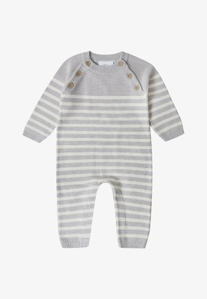 Gestreepte grijze en crème gebreide onesie met lange mouwen, knoopaccenten op de schouder en geribde manchetten. Zachte textuur en relaxte pasvorm.
