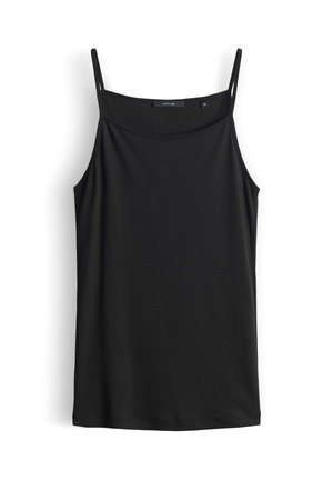 Black sleeveless women's tank top with thin straps and a straight neckline, displayed against a white background.