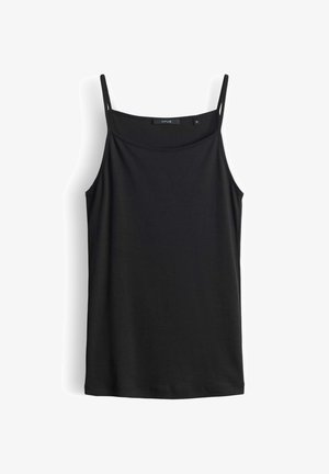 Schwarzes, ärmelloses Damen-Tanktop mit dünnen Trägern und geradem Ausschnitt, präsentiert vor einem weißen Hintergrund.