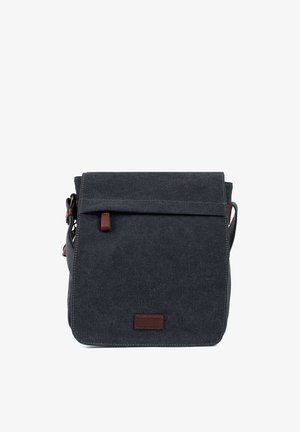 Sac bandoulière en toile gris foncé avec fermeture à rabat, languette en cuir marron et bandoulière réglable.