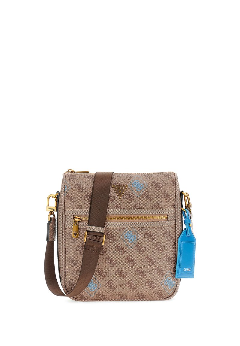 Borsa a tracolla marrone con motivo e finitura testurizzata, hardware dorato, tracolla regolabile e accentuazione con logo blu. Due compartimenti con zip.