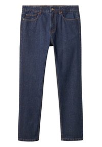 Vaqueros de mezclilla azul oscuro con piernas rectas, cierre de botón, bolsillos delanteros y traseros, y costuras contrastantes en naranja.