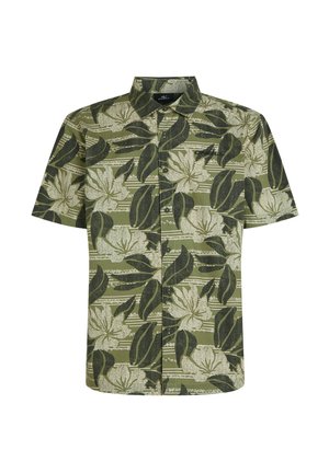 Kortærmet skjorte med knapper i grøn, med et blomstermotiv og bladmønster i mørkegrøn og creme, samt et subtilt stribet baggrund.