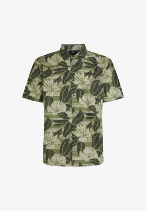 Kurzärmliges Hemd mit Knopfleiste in Grün, mit einem Blumen- und Blattdruck in Dunkelgrün und Creme, auf einem dezenten gestreiften Hintergrund.