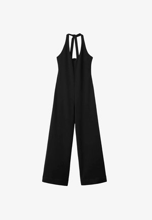 Črna brezrokavna kombine zona s halter vratom, širokimi hlačami in gladko, mat teksturo. Ima detajl ključavnice na hrbtni strani.