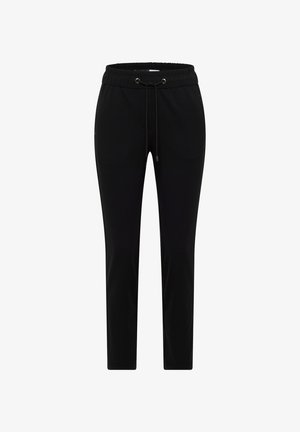 Czarne spodnie dresowe z elastycznym pasem i sznurkiem, o dopasowanym kroju i gładkiej fakturze materiału. Posiada boczne kieszenie.