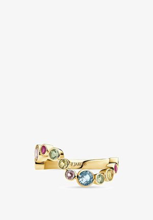 Guldarmbånd med flere sten i forskellige farver og størrelser, indfattet i kassetter, graveret med "F JAKOBS" på indersiden.