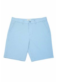 Jasnoniebieskie szorty wykonane z bawełny, o klasycznym kroju, z dwoma bocznymi kieszeniami i zapięciem na guzik z przodu. Gładka faktura materiału.