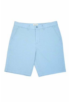 Jasnoniebieskie szorty wykonane z bawełny, o klasycznym kroju, z dwoma bocznymi kieszeniami i zapięciem na guzik z przodu. Gładka faktura materiału.