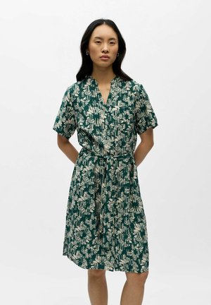 Kvinde med langt sort hår iført en knælængde kjole med grønne og beige mønstre, korte ærmer og bånd i taljen, stående foran en ensfarvet baggrund.