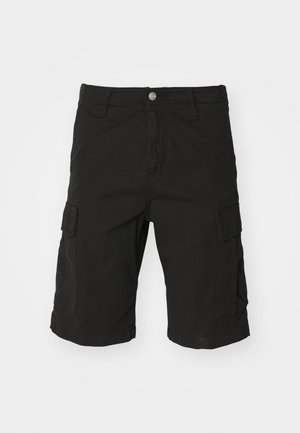 Schwarze Cargo-Shorts aus strapazierfähigem Stoff, mit Seitentaschen, Knopfverschluss und umgeschlagenen Säumen. Gerades Schnittdesign.