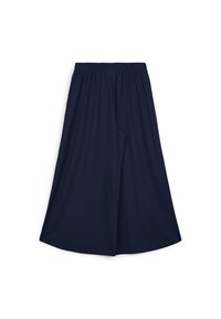 Navy blue culottes with an elastic waistband, made of soft fabric, featuring a loose fit and wide legs that reach mid-calf length.
