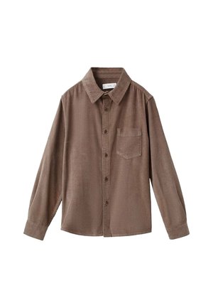 Chemise marron à boutons fabriquée en tissu texturé, avec un col, des manches longues et une poche poitrine du côté gauche.