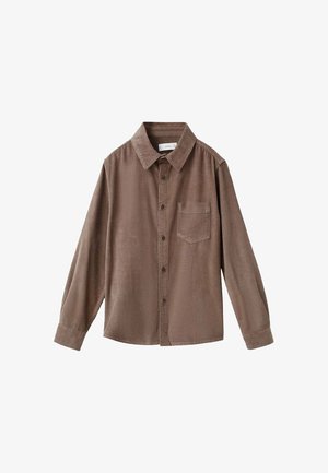 Camicia marrone con bottoni realizzata in tessuto testurizzato, caratterizzata da colletto, maniche lunghe e taschino sul lato sinistro.