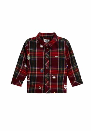 Chemise à manches longues à carreaux rouges et verts pour tout-petit avec boutons sur le devant et petite broderie sur le thème de Noël, incluant des cadeaux et des visages du Père Noël.
