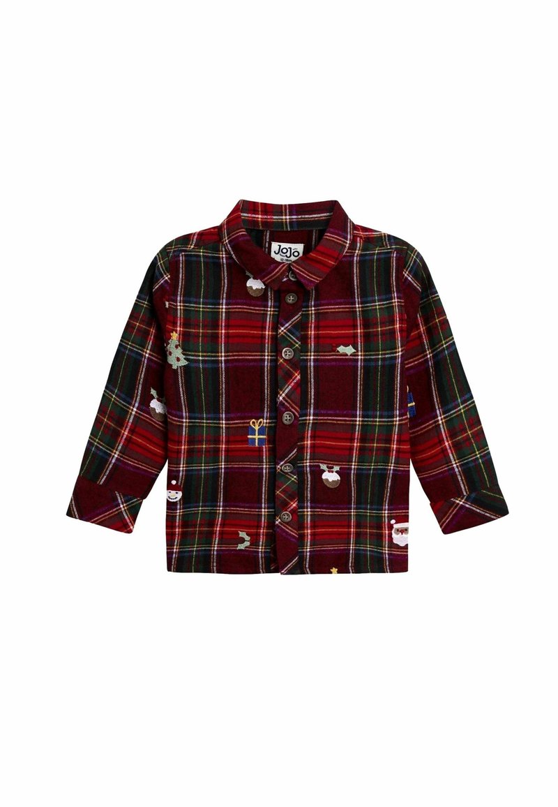 Chemise à manches longues à carreaux rouges et verts pour tout-petit avec boutons sur le devant et petite broderie sur le thème de Noël, incluant des cadeaux et des visages du Père Noël.