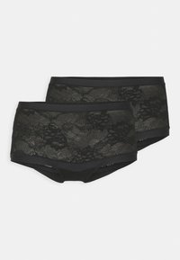 Two pairs of black boxer briefs featuring a lace overlay with floral patterns and a solid black waistband. Soft fabric with textured detail.