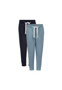 Dwie pary spodni dresowych: jedna w kolorze granatowym, a druga w jasnoniebieskim. Obie charakteryzują się miękką teksturą, elastycznym paskiem w pasie oraz białymi sznurkami.