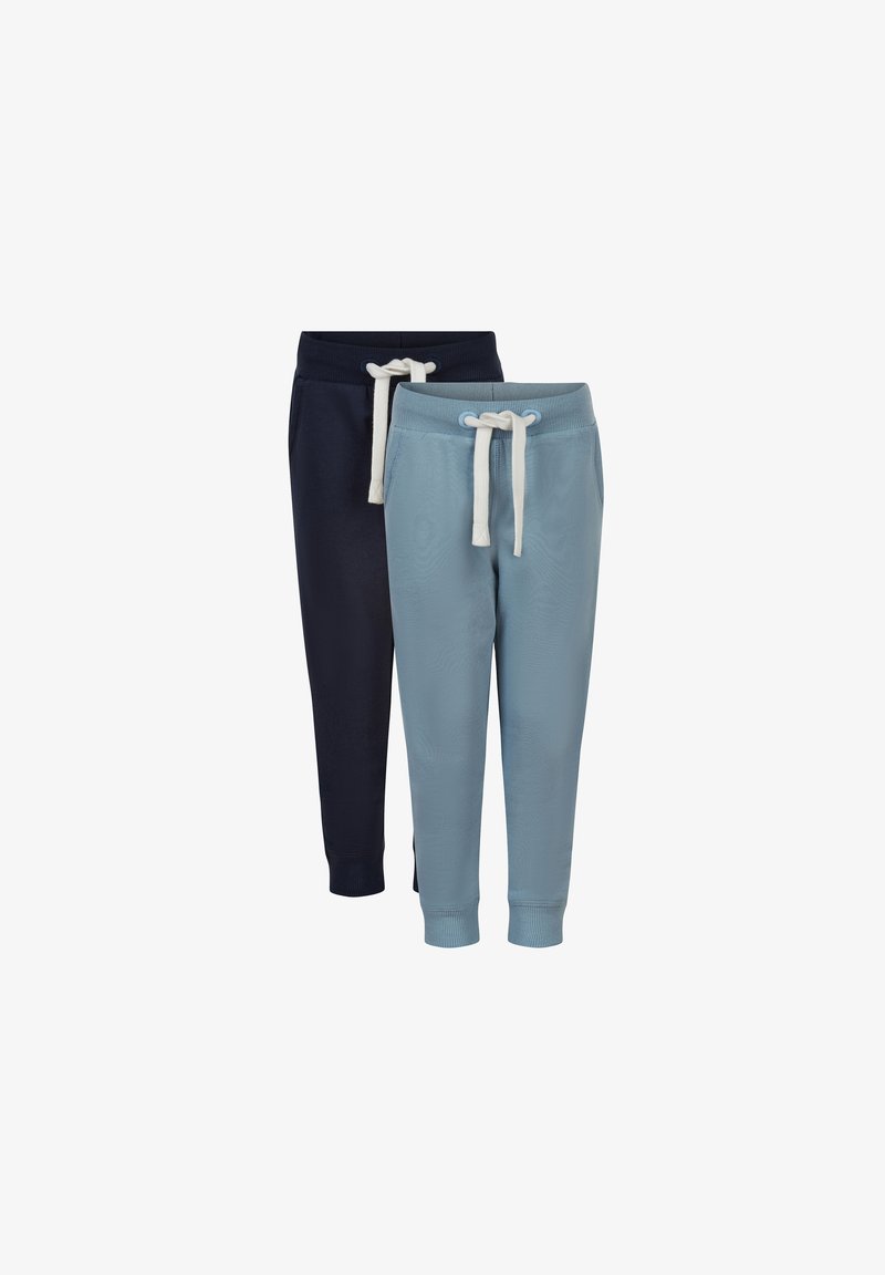 Dwie pary spodni dresowych: jedna w kolorze granatowym, a druga w jasnoniebieskim. Obie charakteryzują się miękką teksturą, elastycznym paskiem w pasie oraz białymi sznurkami.