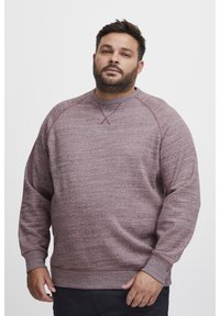 Man met baard in een lang mouwen bordeauxrode crewneck sweater en zwarte broek, staand tegen een effen witte achtergrond.