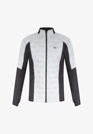 Padded jacket featuring a white front and black sleeves. Full zip closure, high collar, side pockets, and a logo on the chest.