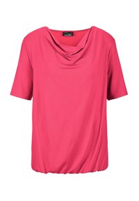 Top rosa con collo a Marchio realizzato in tessuto morbido, con maniche corte e orlo arricciato per una vestibilità rilassata.