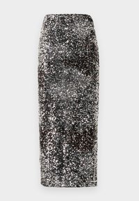 Gonna a tubino in paillettes con un design elegante e aderente. Presenta paillettes nere e argento che creano un effetto scintillante.