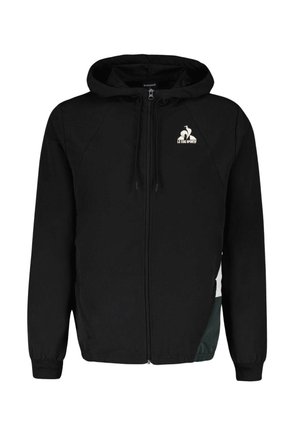 Sweat à capuche noir avec fermeture éclair, capuche à cordon de serrage, logo blanc sur la poitrine et poignets élastiques. Confectionné en tissu doux et texturé.