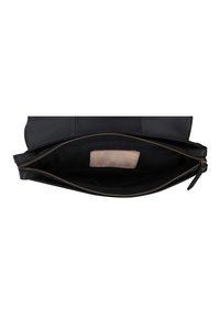 Black leather bag with a zipper closure, featuring a lined interior and a small beige label. Smooth texture with gold-tone hardware.