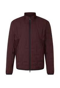 Bordeauxrote Steppjacke mit hohem Kragen, Frontreißverschluss und Mesh-Einsätzen an den Seiten. Texturiertes, isoliertes Material mit figurbetontem Schnitt.