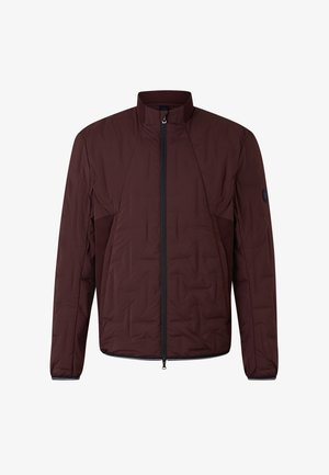 Maroon puffer jacket with a high collar, front zipper, and mesh panels on the sides. Textured, insulated material with a fitted design.