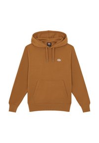 Felpa marrone con tasca frontale e cappuccio con cordino, caratterizzata da un piccolo logo nella zona del petto, posizionata su uno sfondo bianco.