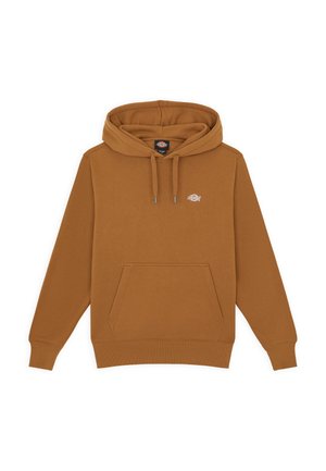 Bruine hoodie met een voorzak en een trekkoordcapuchon, met een klein logo op de borst, tegen een witte achtergrond.