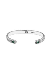 Ställbar armband i sterlingsilver med strukturerad yta, försett med två rektangulära gröna ädelstenar i varje ände. Märkt 925.