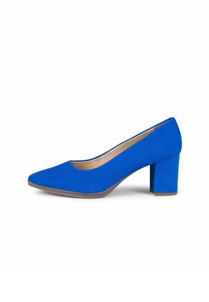 Zapato de tacón cuadrado para mujer en azul brillante con punta puntiaguda e interior beige, exhibido sobre fondo blanco.