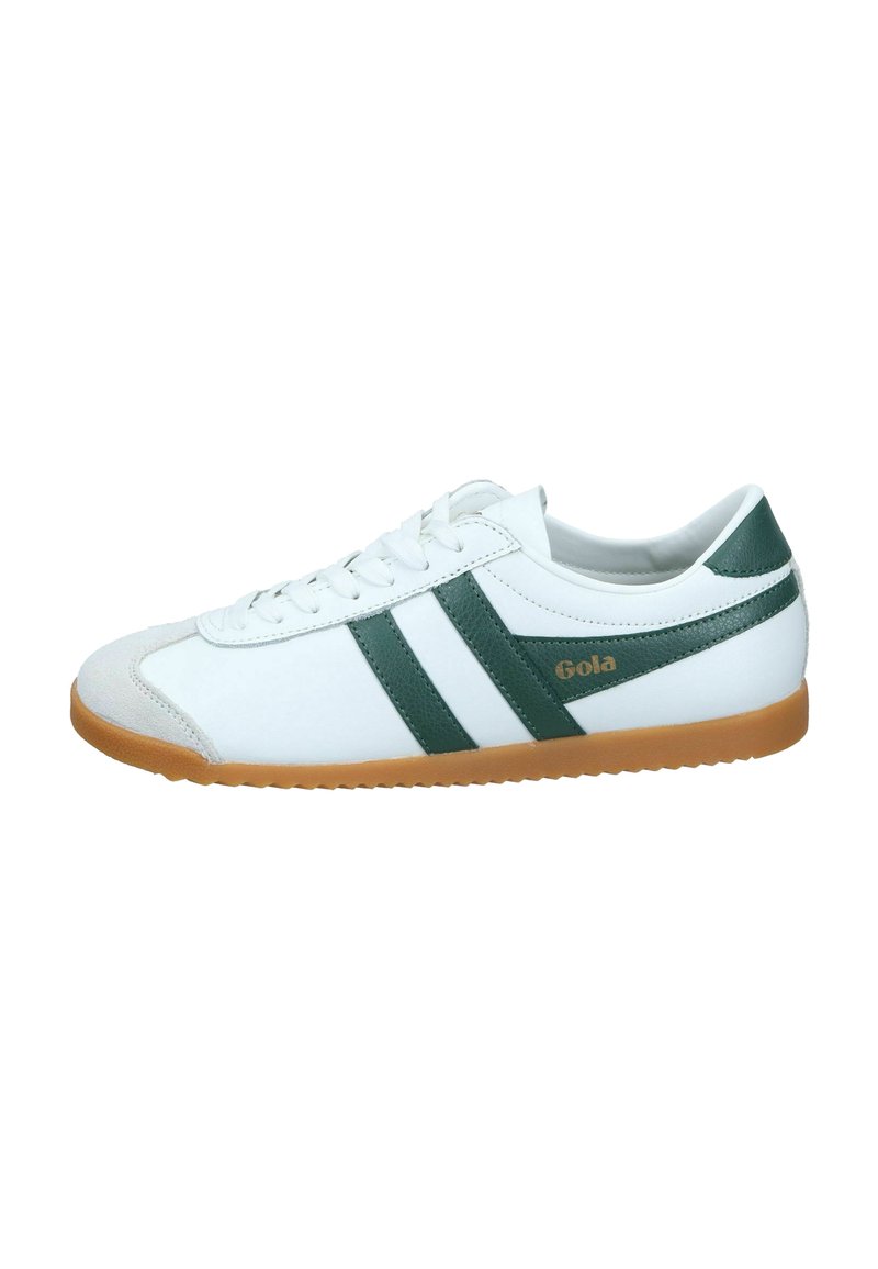 Sneaker bianca con accenti in pelle verde e due strisce orizzontali. Presenta una suola in gomma e un dettaglio in suede sulla punta.