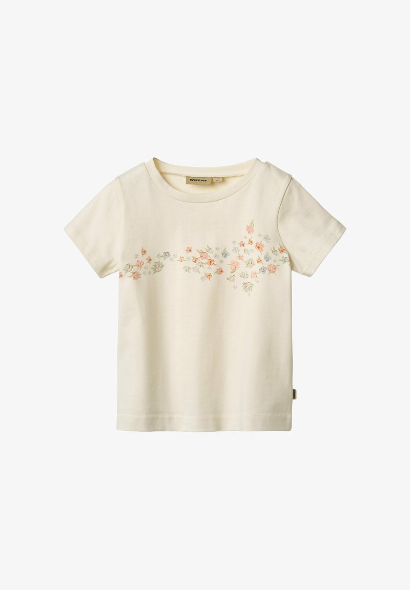 Cremfarbener Baumwoll-T-Shirt mit floralen Stickereien in sanftem Pink, Blau und Grün. Kurze Ärmel und runder Ausschnitt.
