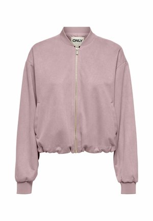 Veste bomber violet clair avec col, poignets et ourlet côtelés, fermeture éclair à l'avant, poches latérales, étiquette "ONLY" à l'intérieur du col.