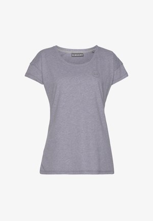 Graues kurzärmeliges T-Shirt aus weichem Baumwollstoff. Hat einen runden Ausschnitt und ein kleines Logo auf der Brust. Lässige Passform mit umgeschlagenen Ärmeln.