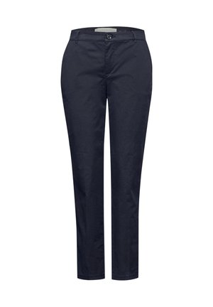 Granatowe, dopasowane spodnie z guzikiem i zamkiem błyskawicznym, szlufkami na pasek i przednimi kieszeniami, prezentowane na białym tle.