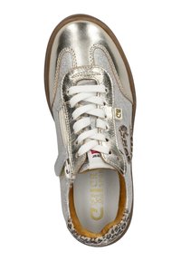 Gouden metallic sneaker met witte veters, leoplatchprint accenten en een gevoerde kraag. Bevat een zijrits voor gemakkelijke toegang.