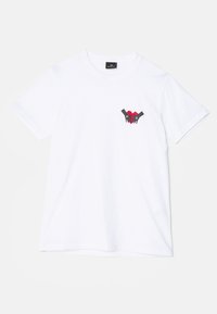 White cotton t-shirt featuring a small red and black graphic of hands holding a heart on the left chest area. Short sleeves, crew neck.