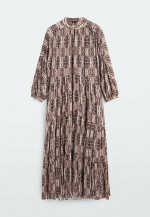 Maxi dress in lightweight fabric, featuring a brown and beige intricate pattern, high collar, and long puffed sleeves with gathered accents.