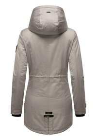 Light gray coat featuring a hood, cinched waist, and black accents. Smooth texture with a slightly shiny finish and branded details at the back.