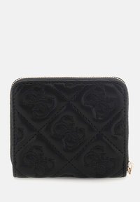 Portofel din piele neagră, cu un design quilted și modele de logo embossat. Închidere cu fermoar metalic cu un accent aurie. Formă compactă și rectangulară.